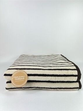 Common Thread Bath Towels Brown and Tan Striped Soft Zero Twist Cotton 2 Pc NEW